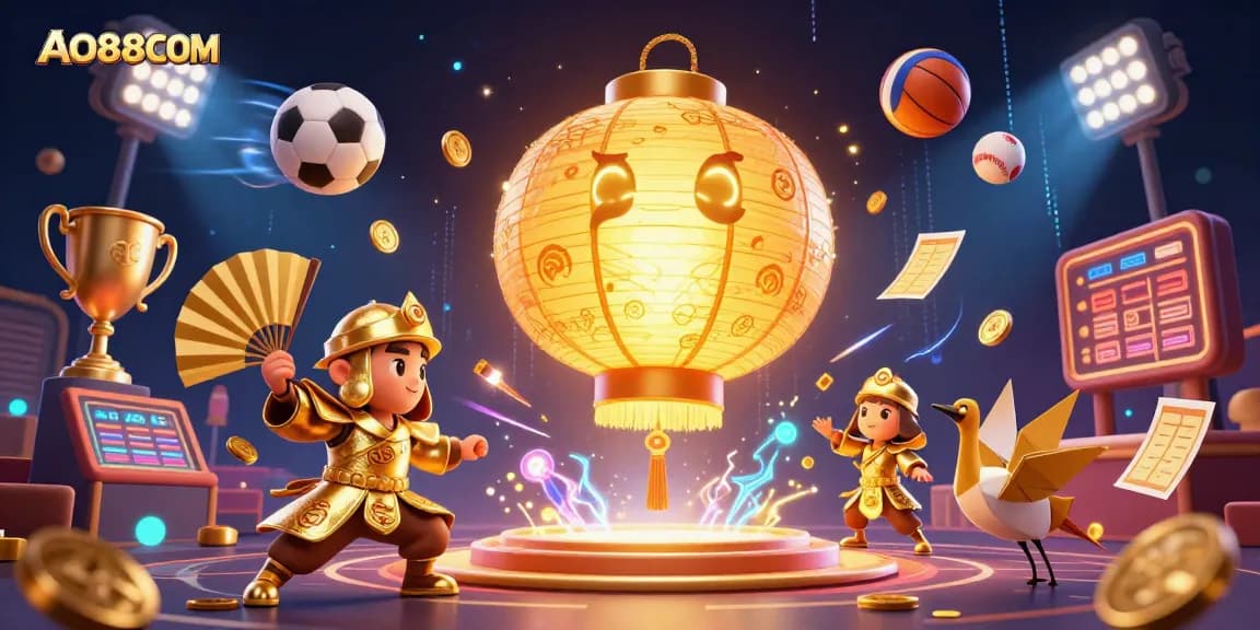 Engage with AO88COM at an exciting online gambling scene filled with sports balls and vibrant symbols.