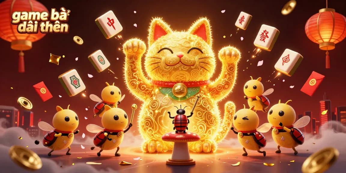 Experience the excitement of game bài đổi thưởng with a vibrant cartoon scene featuring golden symbols and lucky elements.