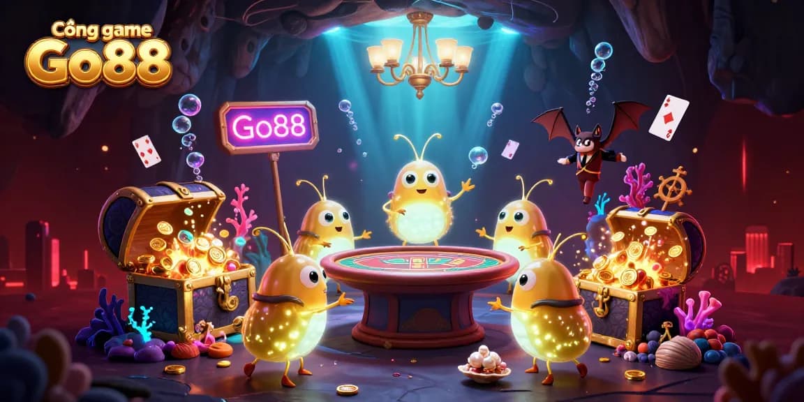 Experience the excitement of Cổng game Go88 with vibrant glowworms illuminating a casino scene.