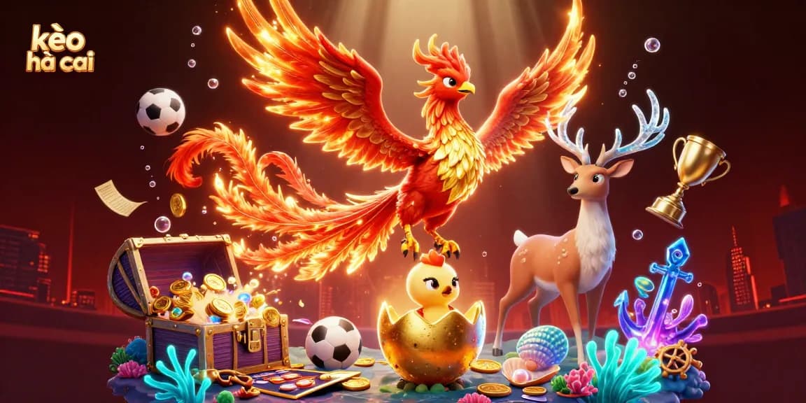 Bet on kèo nhà cái strategies with a dynamic scene of a phoenix, stadium elements, and glowing treasures.