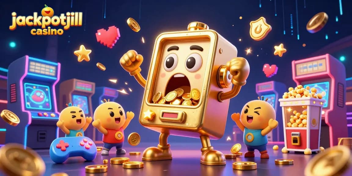 jackpotjill casino showcases a cartoon golden slot machine winning with coins spilling out