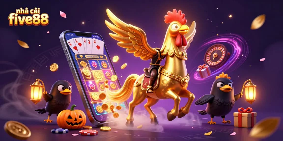 Play exciting games at nhà cái five88 with golden rooster in a vibrant midnight casino scene.