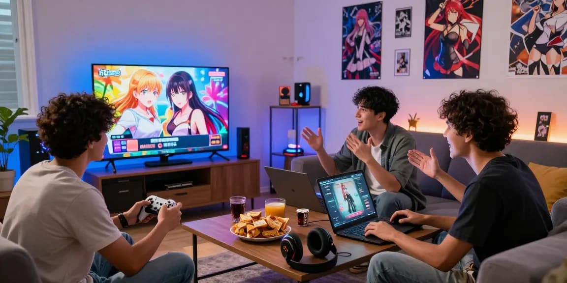 Group playing a hentai game together in a vibrant, modern gaming room.
