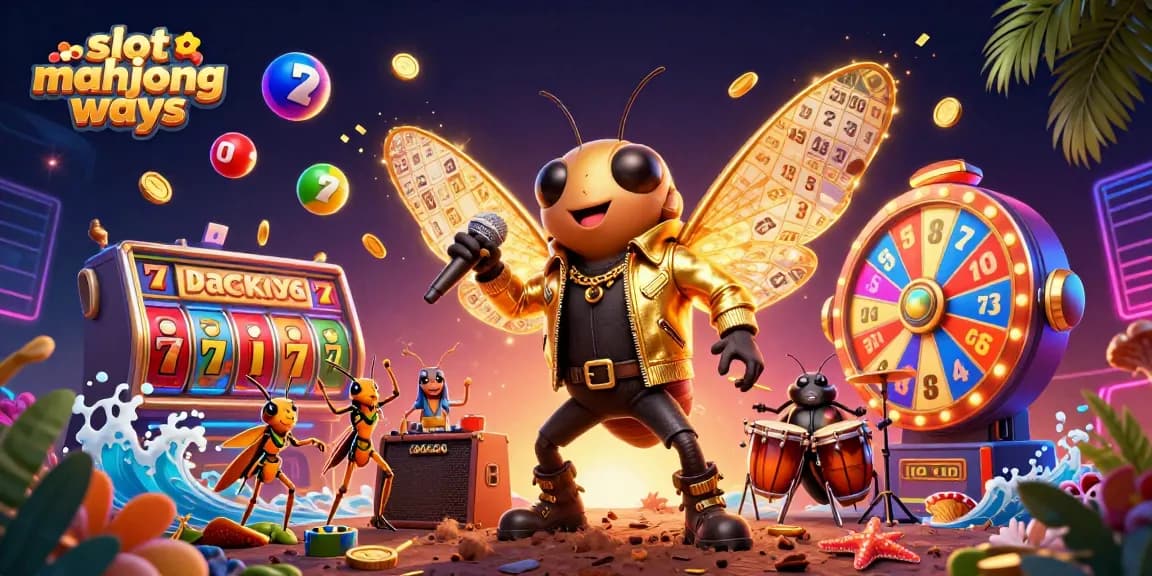Experience the thrill of slot mahjong ways with a dynamic scene of a rock star and vibrant symbols in a casino atmosphere.