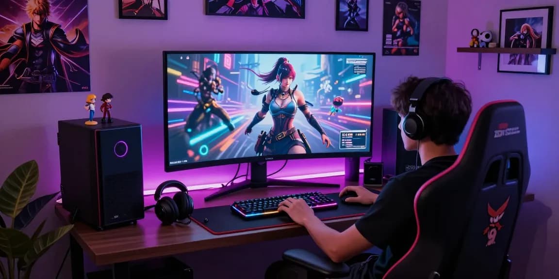 Engaging NSFW AI gaming environment with a gamer immersed in virtual interactions, featuring vibrant lighting and character details.
