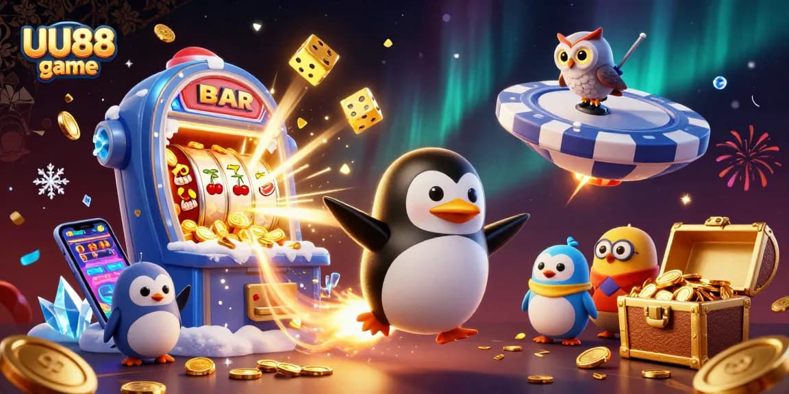 Engage in the thrilling UU88 game with a rocket-powered penguin amidst casino elements and excitement.