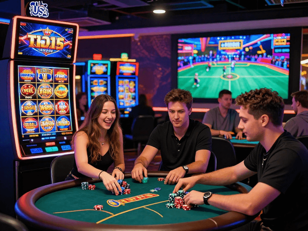 Experience the excitement of USA online casinos for UK players at https://aboutobo.com, showcasing diverse players enjoying live games and slots.