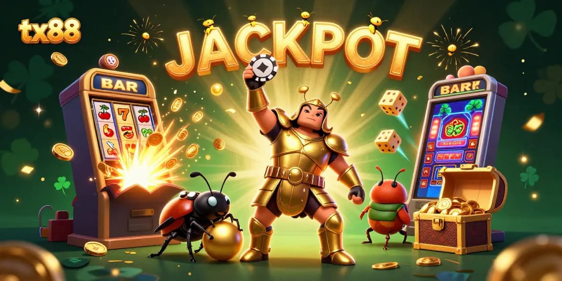 Celebrate wins with tx88 in a vibrant, dynamic 3D casino scene featuring slot machines and winning elements.