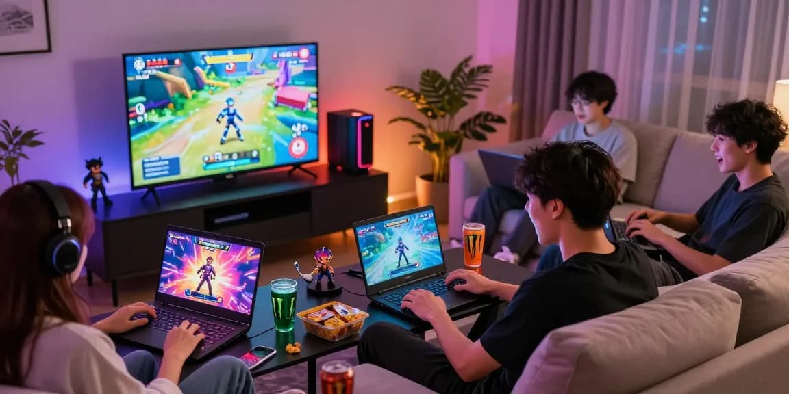 Friends enjoying ecchi games together in a cozy room with vibrant lighting and snacks.