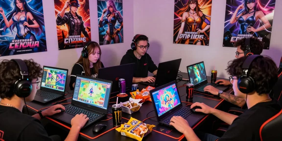 Players enjoying various ecchi games in a colorful, vibrant gaming setup.
