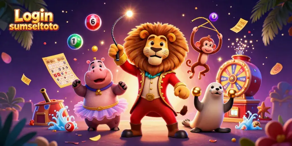 Engage with Login sumseltoto in a vibrant casino-themed illustration featuring whimsical characters and dynamic gaming elements.