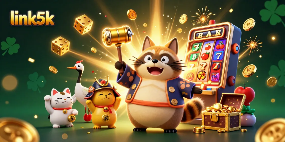 Engage in thrilling gameplay with link5k's vibrant slots, featuring cheering tanuki and interactive elements.