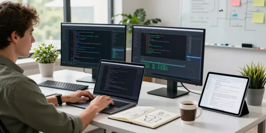 Developer utilizing instant indexing tools in a modern workspace, with coding screens and collaborative elements.