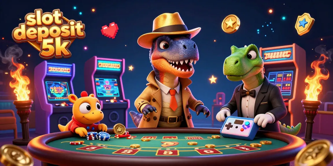 Experience thrilling gameplay with slot deposit 5k, featuring a velociraptor at a blackjack table amidst vibrant casino elements.