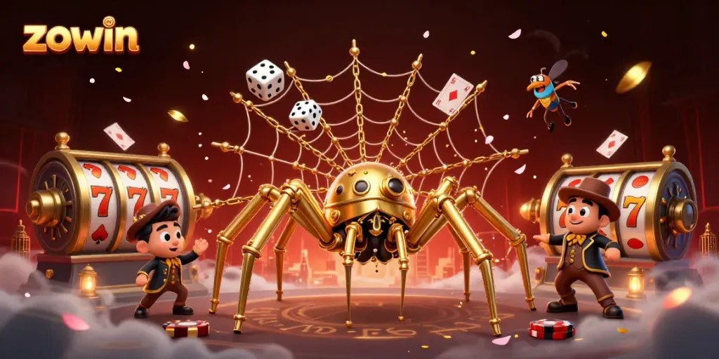 Play exciting games like slots with Zowin, featuring a playful steampunk spider and vibrant casino elements.