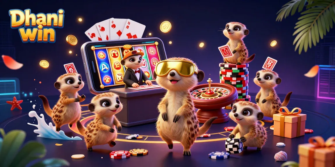 Dhani win game scene with lively meerkat characters operating a casino, featuring vibrant game elements and dynamic action.