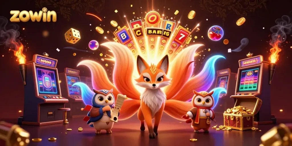 Zowin's vibrant slot machine scene with a mystical fox spirit, owl sage, and a jackpot explosion of gold.