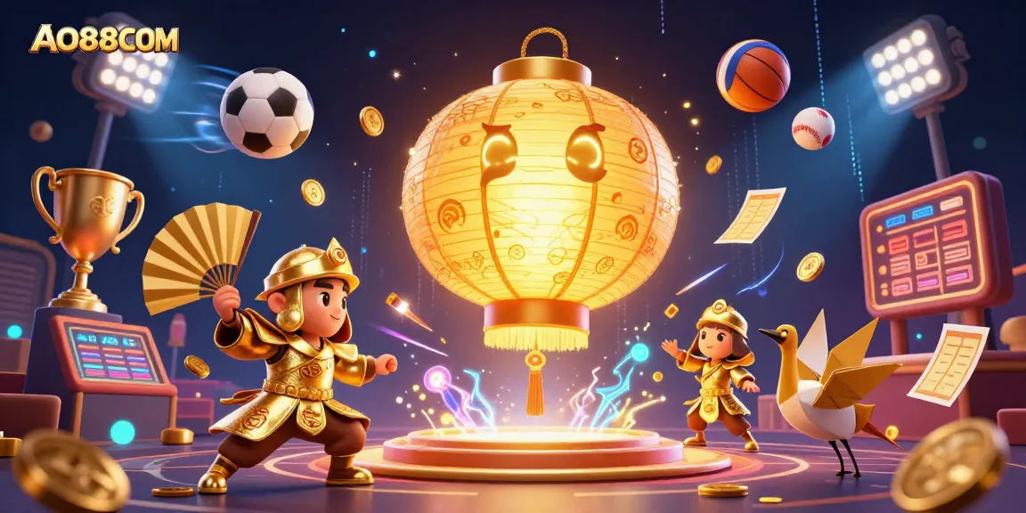 Engage with AO88COM at an exciting online gambling scene filled with sports balls and vibrant symbols.