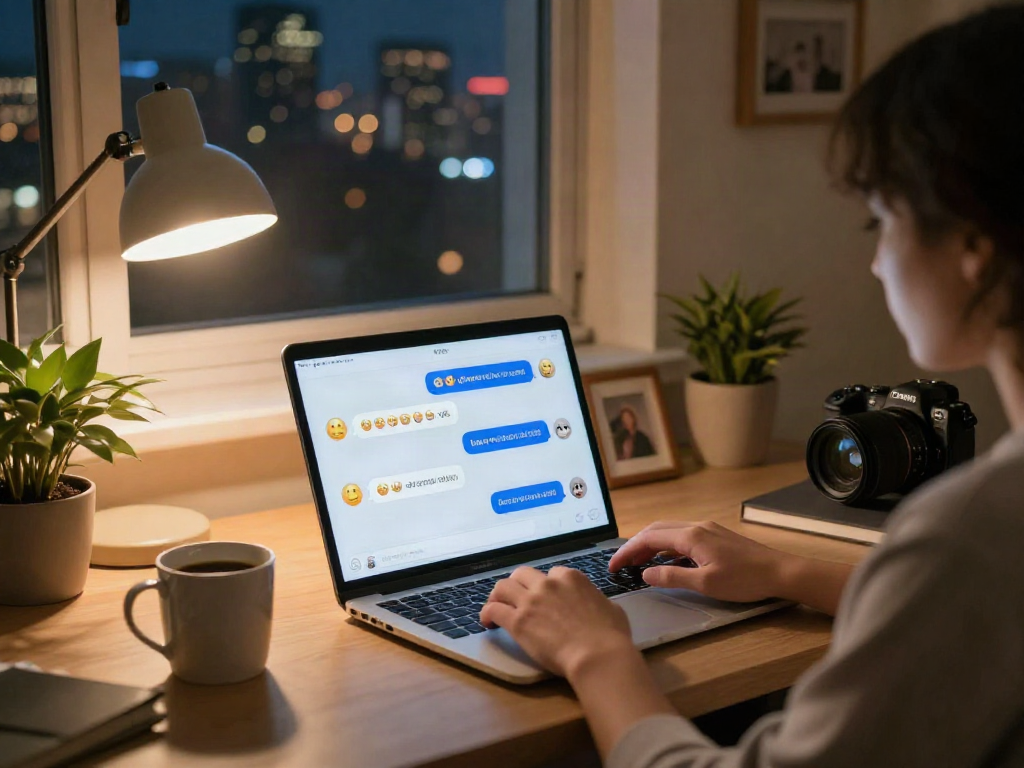 Engaging in AI sex chat in a cozy home office with warm lighting and personal touches.