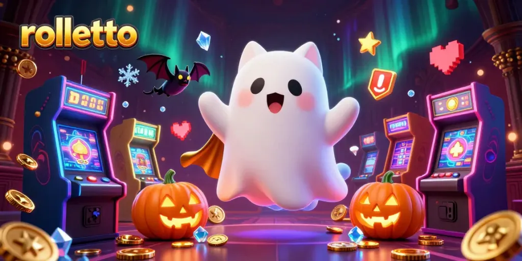 Win big at Rolletto with a ghost cat and vampire bat in a vibrant casino scene.