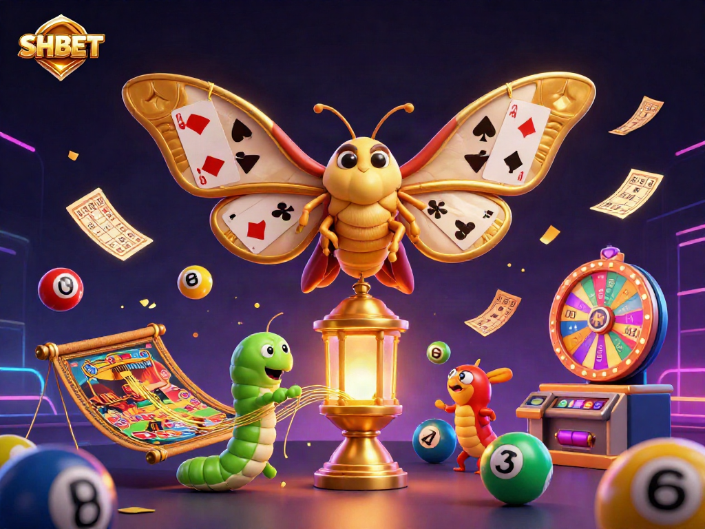 SHBET showcases vibrant casino scenes with a 3D cartoon moth and thrilling gambling elements.