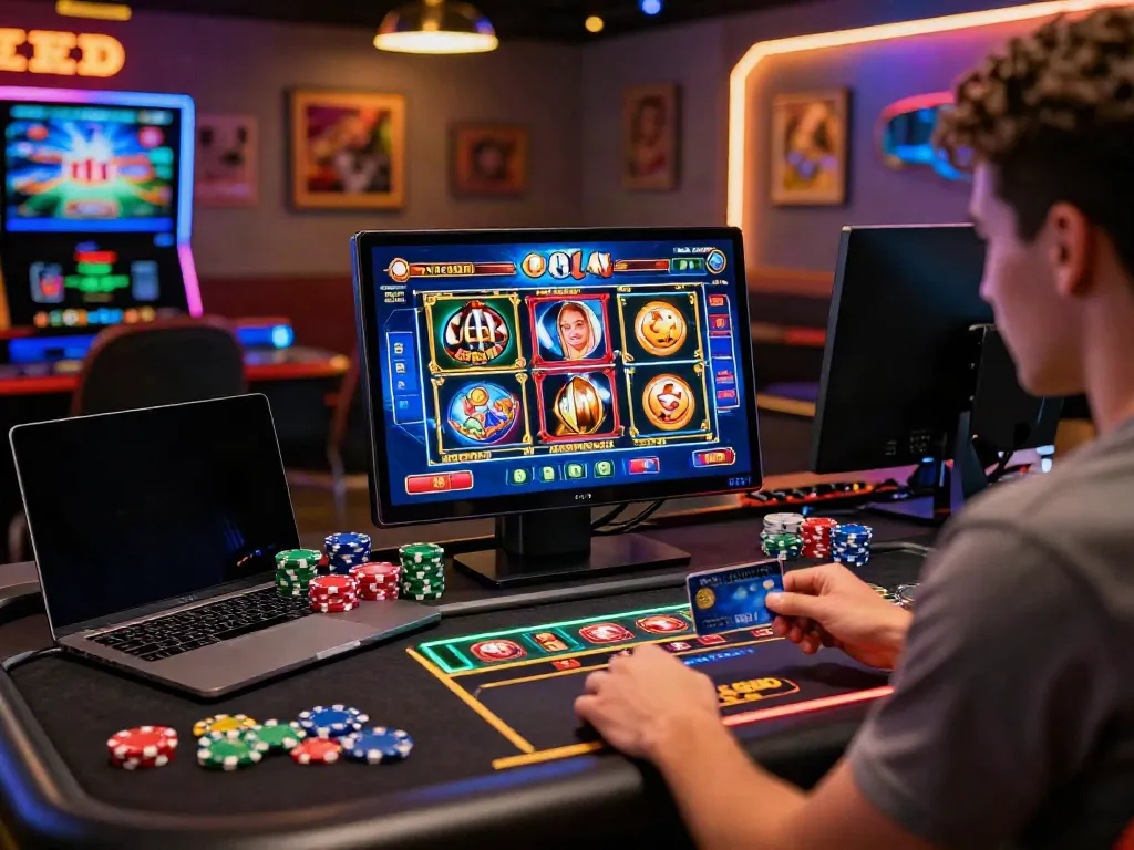 Player enjoying credit card casinos on a modern gaming setup, showcasing excitement and vibrant elements.