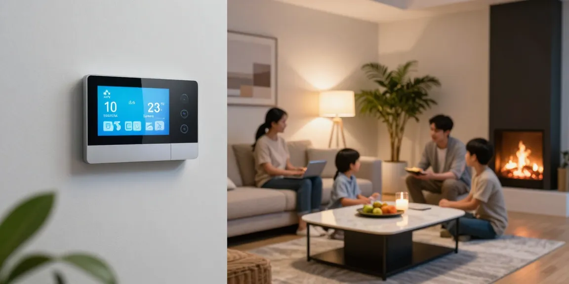 Cozy living room with a smart thermostat on the wall, family enjoying their time together.