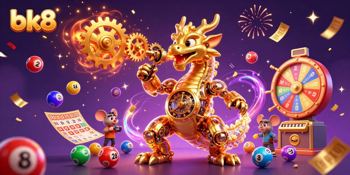 Engage with BK8's immersive gaming experience featuring a vibrant dragon and playful lottery elements.