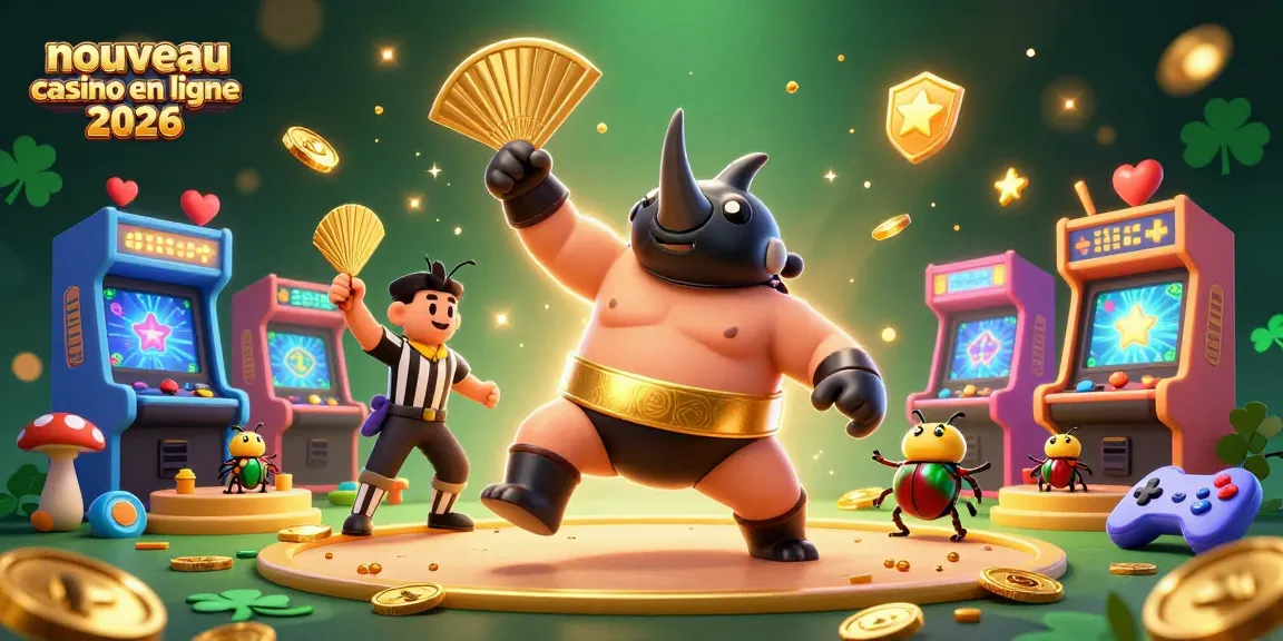 Illustration dynamique d'un nouveau casino en ligne 2026 avec un coléoptère sumo gagnant, pièces d'or et machines colorées.