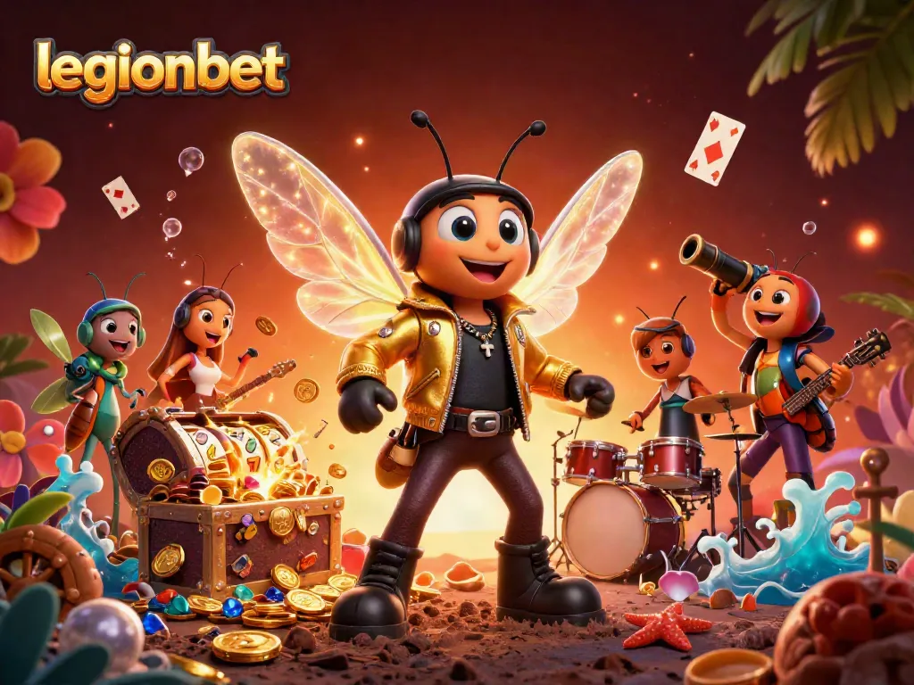 Engage in winning gameplay at legionbet with vibrant casino-themed 3D illustration of a rock star and giant slots.