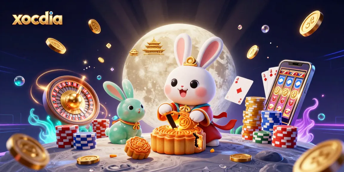Xocdia game scene featuring a moon rabbit, poker chips, and dynamic casino elements