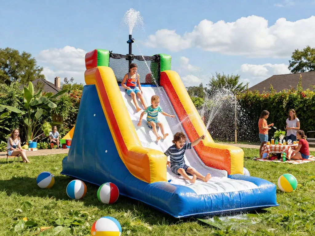 Children enjoying a colourful slip and slide in a sunny garden setting, perfect for summer fun.