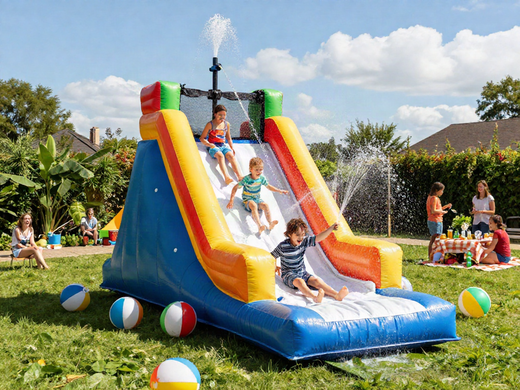 Children enjoying a colourful slip and slide in a sunny garden setting, perfect for summer fun.