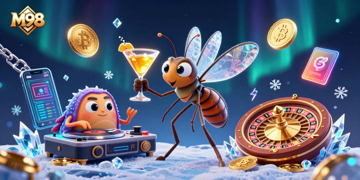 M98 casino dynamics featuring a mosquito mascot and trilobite DJ in a vibrant gambling scene.