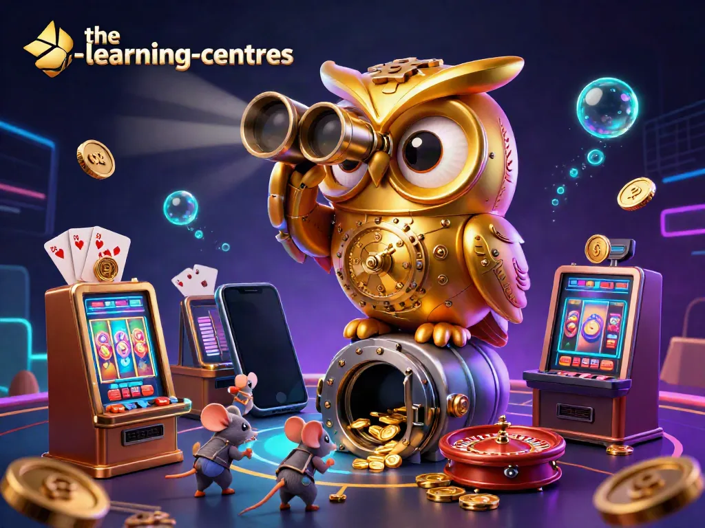Engage in interactive gambling at the-learning-centres with a lively casino scene featuring a clockwork owl and vibrant slot games.