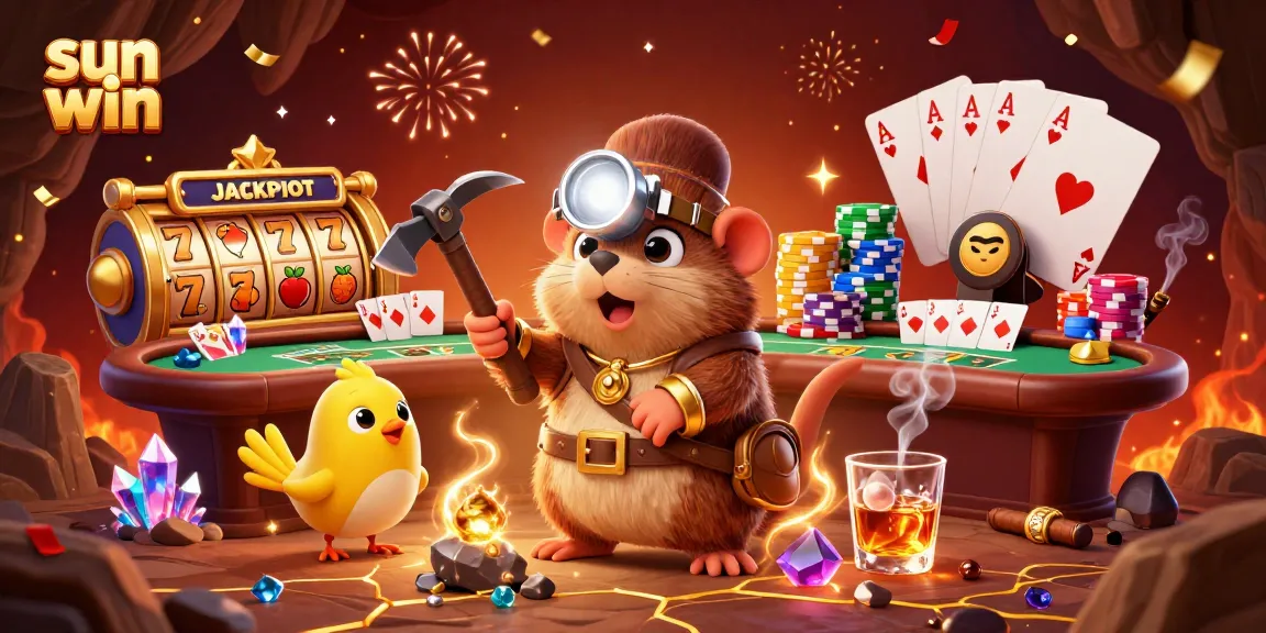 Experience the excitement of sun win with treasure hunters, poker chips, and slot reels in this vibrant casino scene.