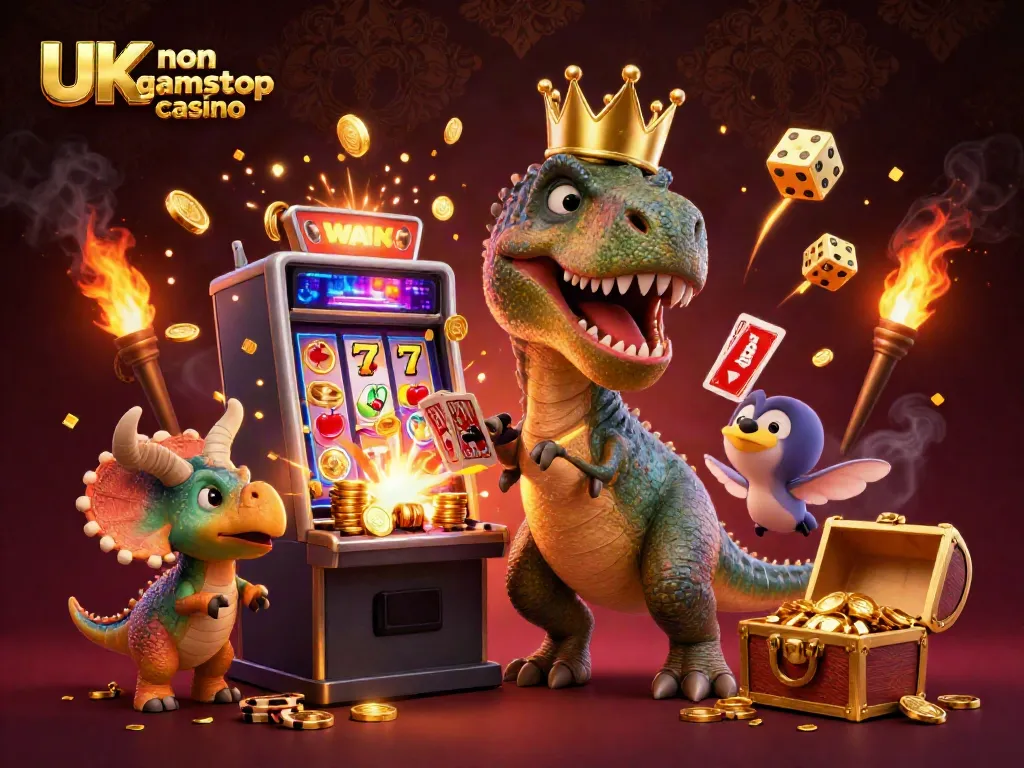 Play vibrant casino games at the UK non gamstop casino featuring cartoon characters in a lively, gold-filled scene.
