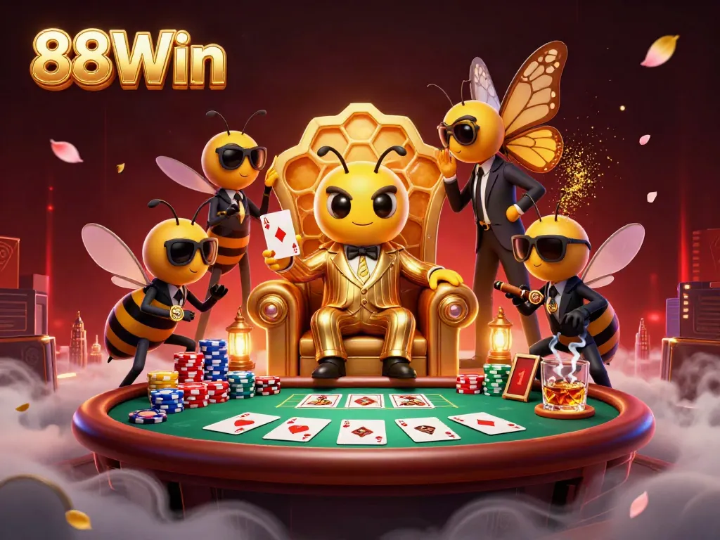 Engage with thrilling poker games at 88Win with this dynamic illustration depicting a bumblebee mob boss and his guards in a vibrant casino scene.