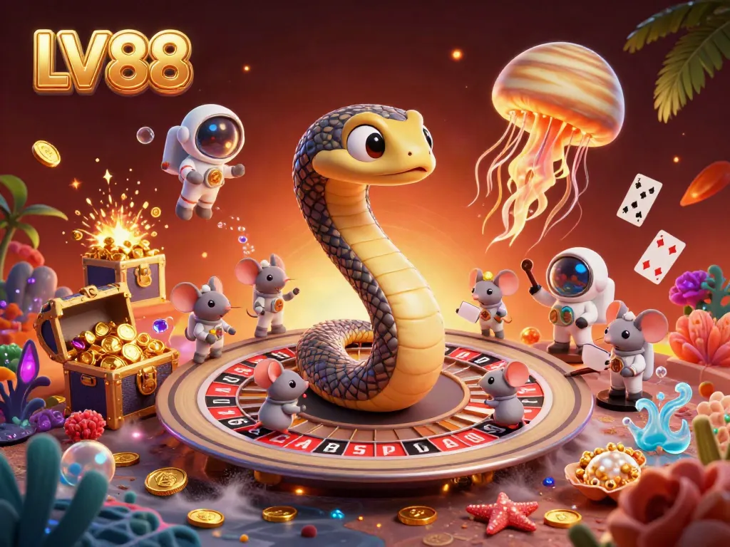 Experience thrilling bets with LV88 at a celestial roulette wheel, featuring cosmic characters and underwater treasures.
