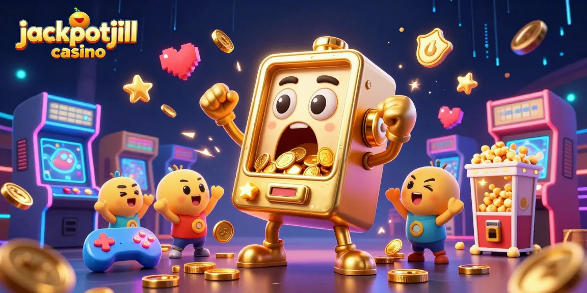 jackpotjill casino showcases a cartoon golden slot machine winning with coins spilling out