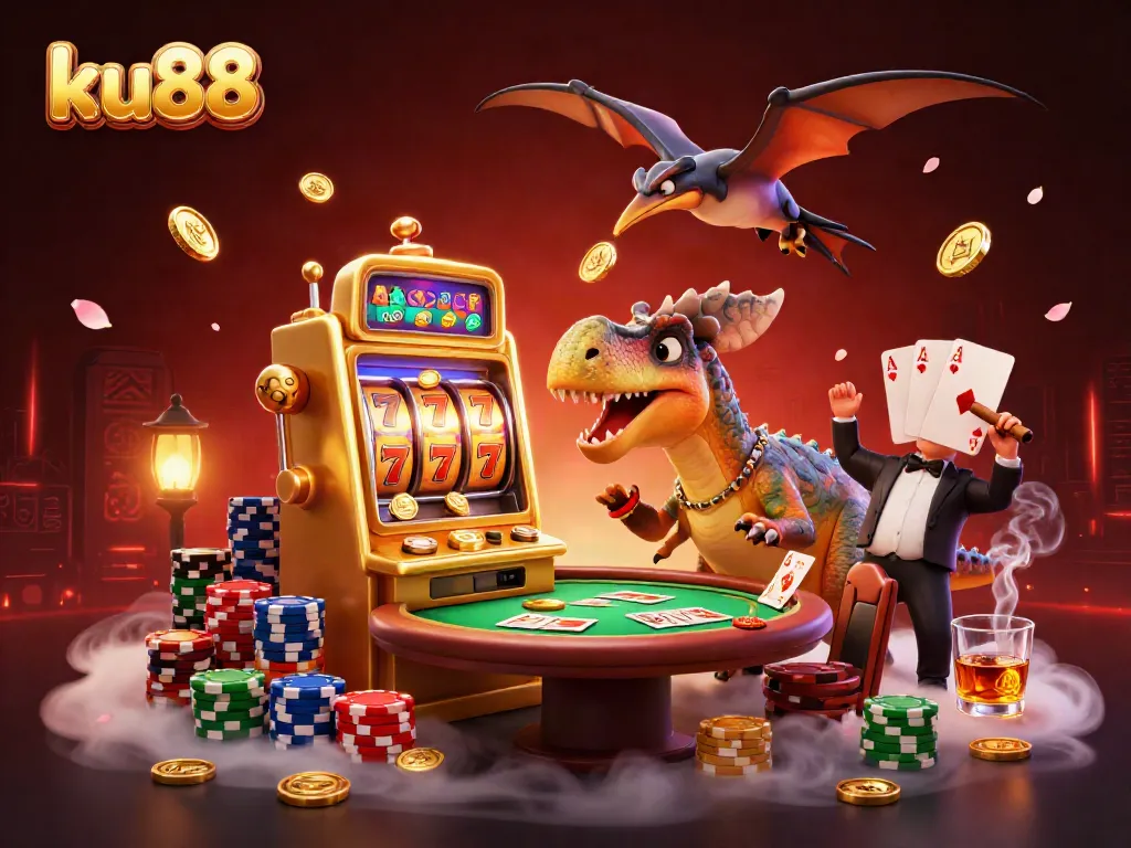 ku88’s pachycephalosaurus celebrates a jackpot while a panicked manager watches, symbolizing casino excitement.