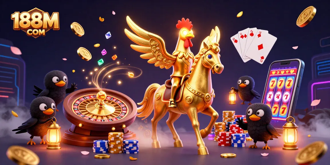Experience excitement at 188M COM casino with a golden rooster and captivating gaming elements.