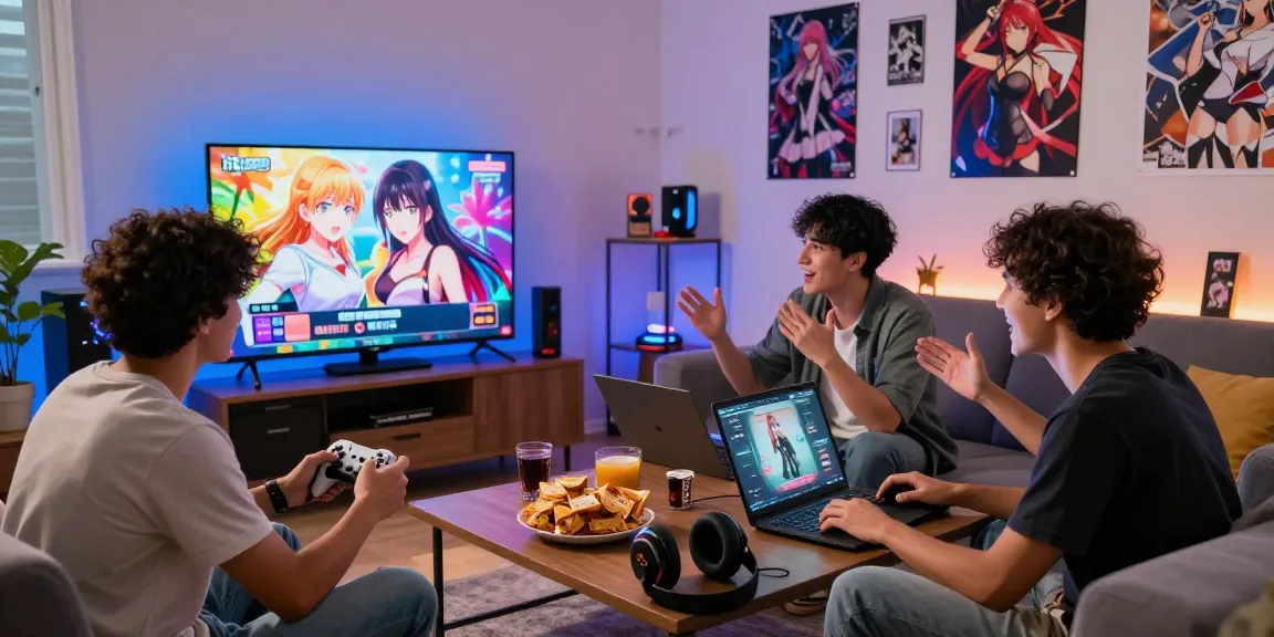 Group playing a hentai game together in a vibrant, modern gaming room.