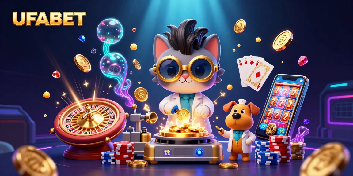 Experience UFABET's gaming thrill with golden coins, dynamic characters, and vibrant casino elements.