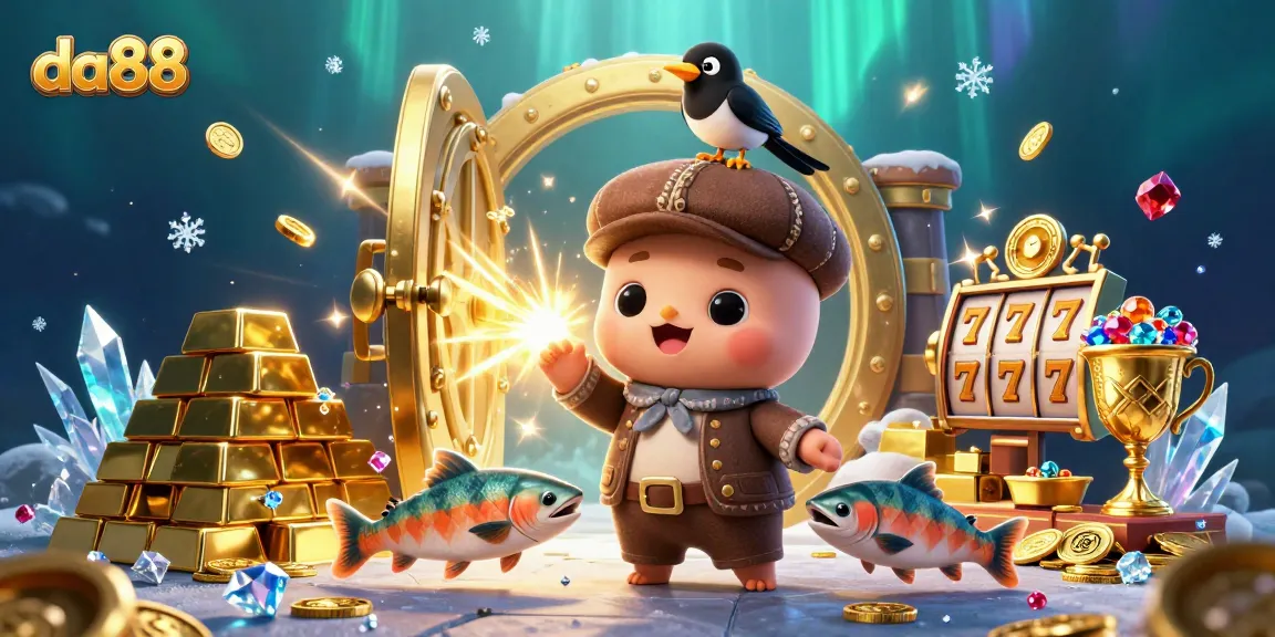 da88 showcases an imaginative casino scene with baby Nessie and treasures, celebrating luck!