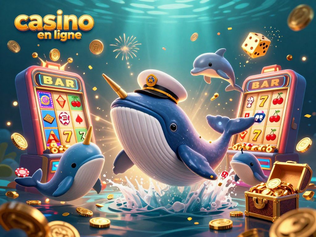 Jouez sur le casino en ligne avec cette illustration riche en couleurs, montrant des créatures marines et des machines à sous.