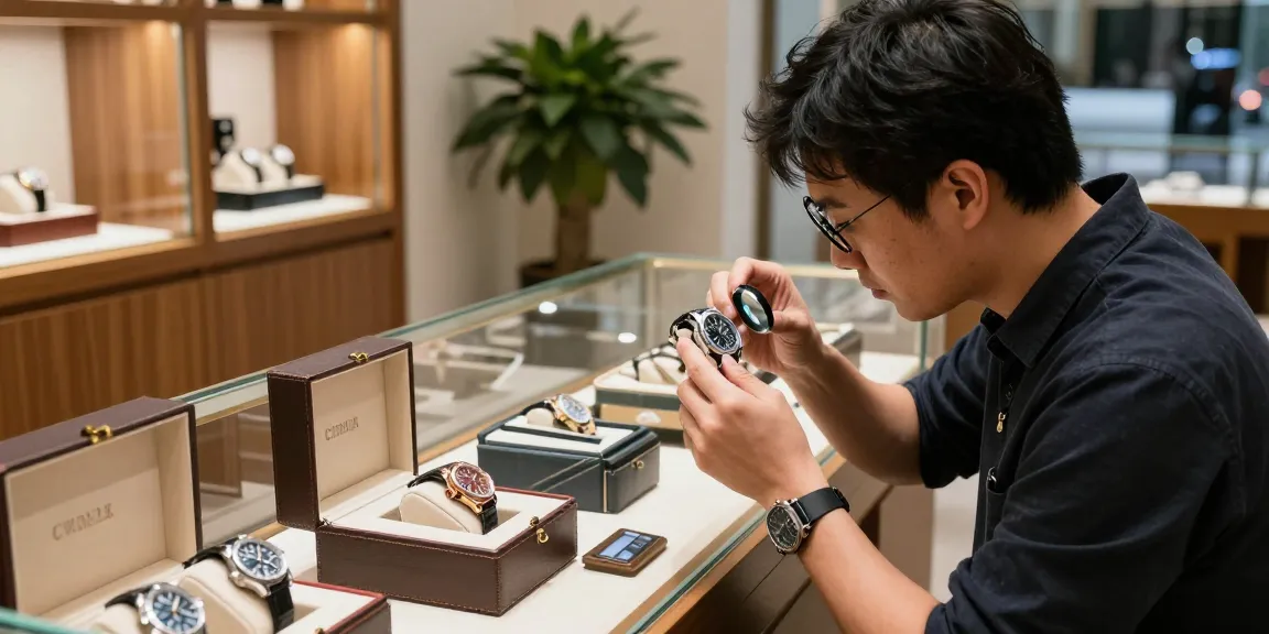 Examining high-quality super clone watches in a luxury boutique.
