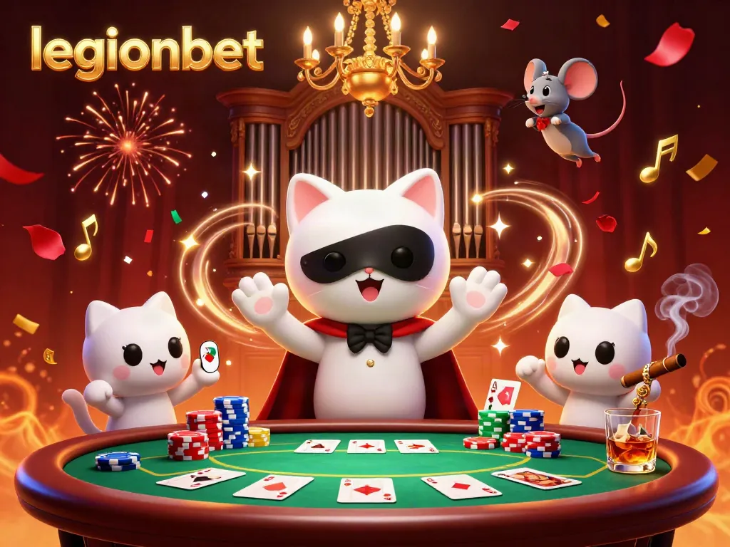 Engage in thrilling gameplay at legionbet with a vibrant casino scene featuring a phantom cat and mouse acrobat.