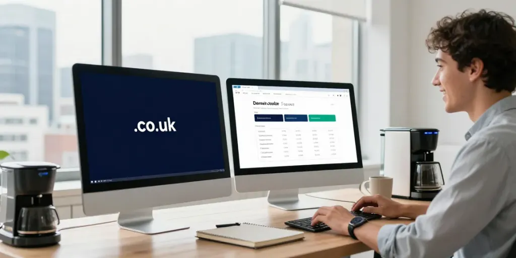 Registering a cheap .co.uk domain in a modern office environment with vibrant decor and technology.