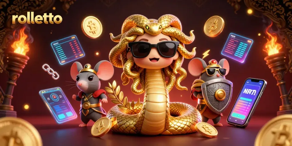 Engage with rolletto's lively scene featuring Medusa, a warrior mouse, and crypto elements in a casino-themed illustration.